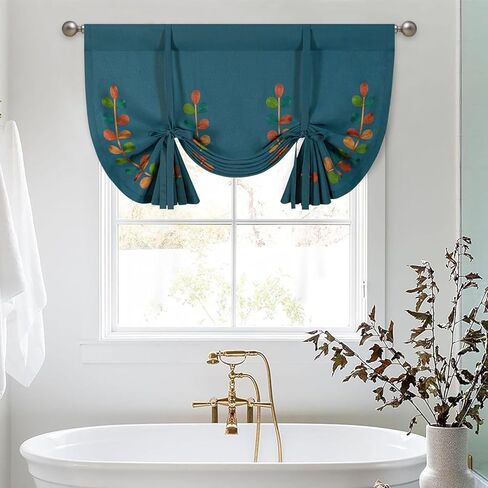 VOGOL Dark Blue Tie Up Kitchen Valance, Vivid Leaves Pattern Balloon Shade Window Treatment, Length Adjustable Not See Through Drapes for Living Room, 1 Panel, 42 x 63 Inches in Saudi Arabia