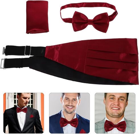 طقم ربطة عنق من الساتان Cummerbund ومنديل جيب للرجال، لمسة نهائية ناعمة، أحمر خمري، إكسسوارات رسمية لحفلات الزفاف والولائم والحفلات in Saudi Arabia
