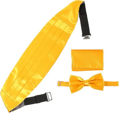 طقم ربطة عنق ومنديل للرجال من Cummerbund، نسيج بوليستر ناعم، أصفر، إكسسوارات الزفاف والحفلات الرسمية للرجال in Kuwait