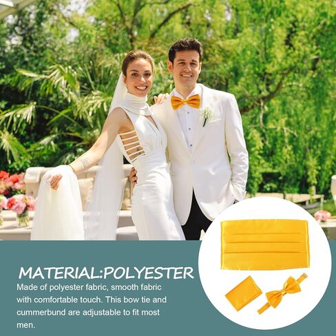 طقم ربطة عنق ومنديل للرجال من Cummerbund، نسيج بوليستر ناعم، أصفر، إكسسوارات الزفاف والحفلات الرسمية للرجال in Kuwait