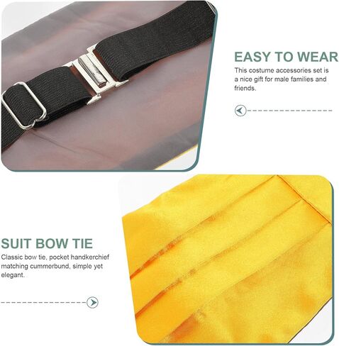 طقم ربطة عنق ومنديل للرجال من Cummerbund، نسيج بوليستر ناعم، أصفر، إكسسوارات الزفاف والحفلات الرسمية للرجال in Kuwait