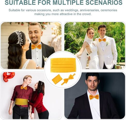 طقم ربطة عنق ومنديل للرجال من Cummerbund، نسيج بوليستر ناعم، أصفر، إكسسوارات الزفاف والحفلات الرسمية للرجال in Kuwait