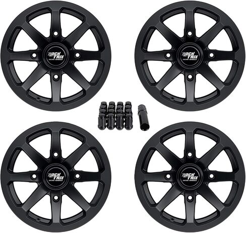 إطارات عجلات RockTrix RT102 مقاس 14 بوصة ATV مقاس 14x7 باللون الأسود 4x137، 5+2 إزاحة، تتضمن صواميل عروة 10x1.25، متوافقة مع Bombardier Can-Am Maverick Commander Renegade Outlander 4/137 (مجموعة من 4) in Kuwait