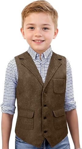 Retro Tweed Boys Vest Herringbone Formal Vest for Kids Wedding Prom Outfit Notch Lapel Slim Fit Waistcoat in Saudi Arabia