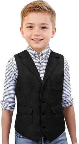 صدرية ريترو تويد للأولاد سترة رسمية متعرجة للأطفال لحفلات الزفاف وحفلات التخرج وصدرية ذات طية صدر السترة in Kuwait