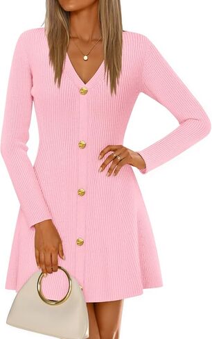ZESICA Women's Fall Long Sleeve Sweater Dress 2026 Casual V Neck Button Ribbed Knit A Line Swing Mini Dresses in Saudi Arabia