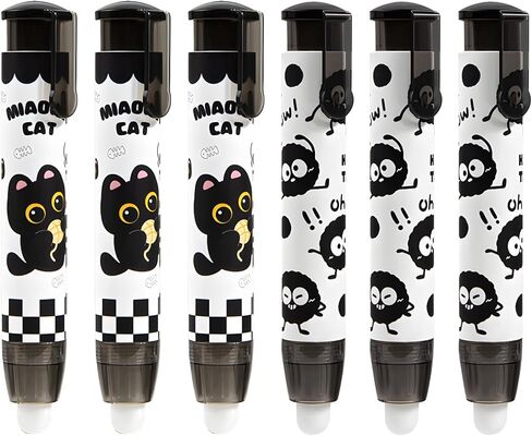6 Pcs Retractable Black Cute Cat Eraser Cartoon Pen Pencil Erasers Kawaii Birthday Christmas Gifts for School Home Office Supplies in Saudi Arabia
