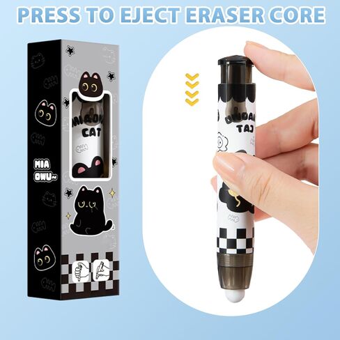 6 Pcs Retractable Black Cute Cat Eraser Cartoon Pen Pencil Erasers Kawaii Birthday Christmas Gifts for School Home Office Supplies in Saudi Arabia