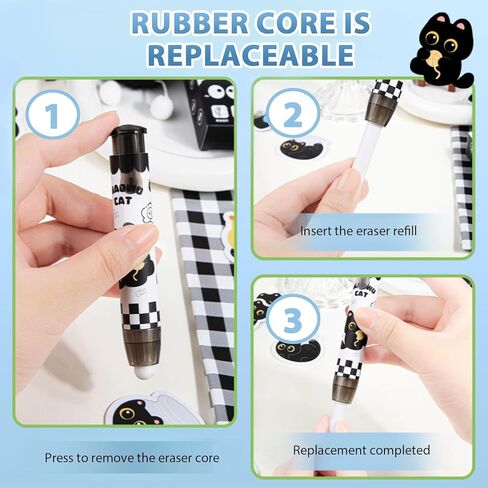 6 Pcs Retractable Black Cute Cat Eraser Cartoon Pen Pencil Erasers Kawaii Birthday Christmas Gifts for School Home Office Supplies in Saudi Arabia