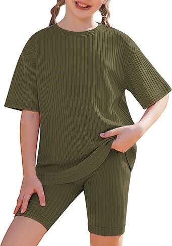 Arshiner Girls Summer Outfits 2 Piece Set Ribbed Knit Drop Shoulder Shirts and Biker Shorts Sets Kids Clothes 5-13 Y in Saudi Arabia