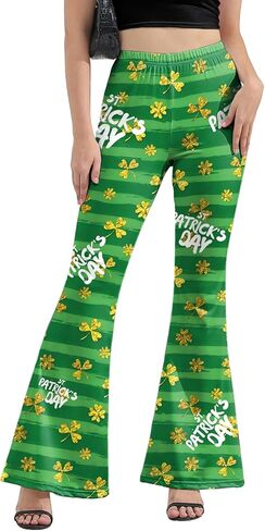 سروال ضيق للسيدات من St Patricks Day Bell Bottoms للنساء، عالي الخصر بالإضافة إلى مقاس St. Patricks Day مطبوع متوهج سروال أخضر للنساء سروال Bell Bottoms ذهبي L in Kuwait