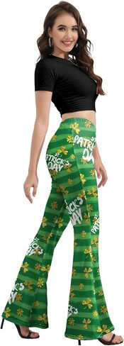 سروال ضيق للسيدات من St Patricks Day Bell Bottoms للنساء، عالي الخصر بالإضافة إلى مقاس St. Patricks Day مطبوع متوهج سروال أخضر للنساء سروال Bell Bottoms ذهبي L in Kuwait