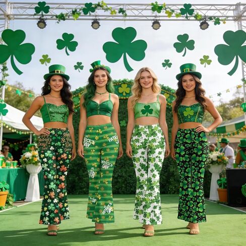 سروال ضيق للسيدات من St Patricks Day Bell Bottoms للنساء، عالي الخصر بالإضافة إلى مقاس St. Patricks Day مطبوع متوهج سروال أخضر للنساء سروال Bell Bottoms ذهبي L in Kuwait