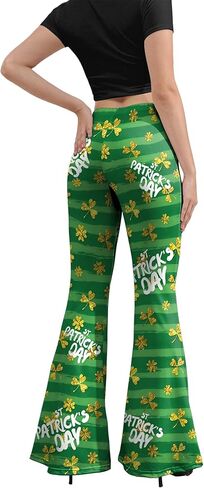سروال ضيق للسيدات من St Patricks Day Bell Bottoms للنساء، عالي الخصر بالإضافة إلى مقاس St. Patricks Day مطبوع متوهج سروال أخضر للنساء سروال Bell Bottoms ذهبي L in Kuwait