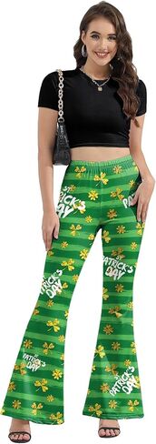 سروال ضيق للسيدات من St Patricks Day Bell Bottoms للنساء، عالي الخصر بالإضافة إلى مقاس St. Patricks Day مطبوع متوهج سروال أخضر للنساء سروال Bell Bottoms ذهبي L in Kuwait