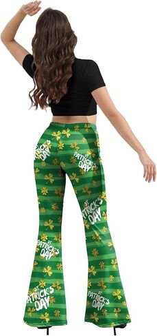 سروال ضيق للسيدات من St Patricks Day Bell Bottoms للنساء، عالي الخصر بالإضافة إلى مقاس St. Patricks Day مطبوع متوهج سروال أخضر للنساء سروال Bell Bottoms ذهبي L in Kuwait