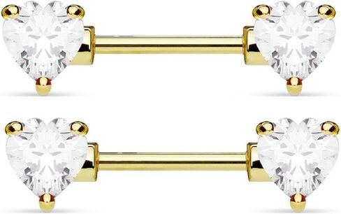 GENERIC PAIR HEART 14G GOLD TITANIUM PRONG SET HEART CZ STEEL BARBELL NIPPLE RING NIPPLERINGS, NP056-GOLD in Saudi Arabia