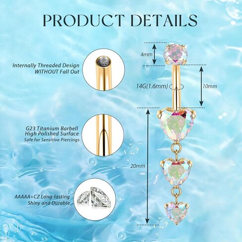 GAGABODY G23 Titanium Belly Button Ring Dangle Belly Rings Belly Piercing Jewelry 14G 3/8 inch 10mm Navel Barbell CZ Navel Piercing Ring in Kuwait