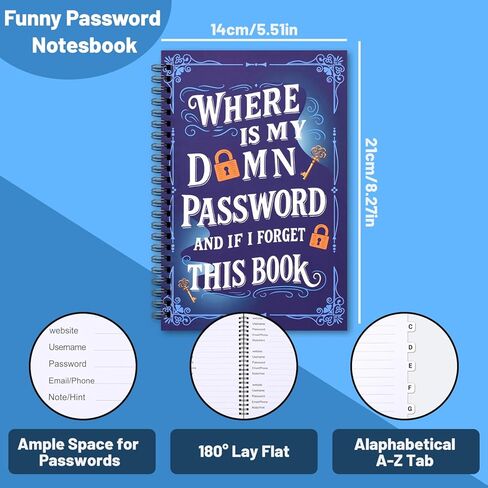 Funny Password Book with Alphabetical Tabs, 5.7" x 8.3" Spiral Password Keeper, Password Notebook for Internet & Computer Login, Recording Website, Usernames, Passwords, Gifts for Home and Office in Saudi Arabia
