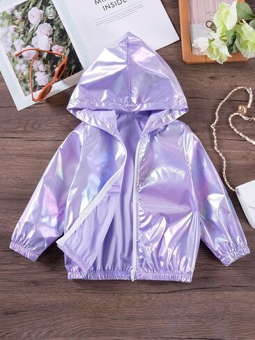 Kids Lightweight Jacket with Hood, Iridescent Purple Metallic Finish, Long Sleeve Zip-Up Coat, Outerwear for Girls in Saudi Arabia