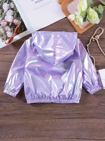 Kids Lightweight Jacket with Hood, Iridescent Purple Metallic Finish, Long Sleeve Zip-Up Coat, Outerwear for Girls in Saudi Arabia