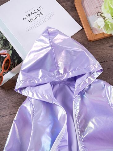 Kids Lightweight Jacket with Hood, Iridescent Purple Metallic Finish, Long Sleeve Zip-Up Coat, Outerwear for Girls in Saudi Arabia