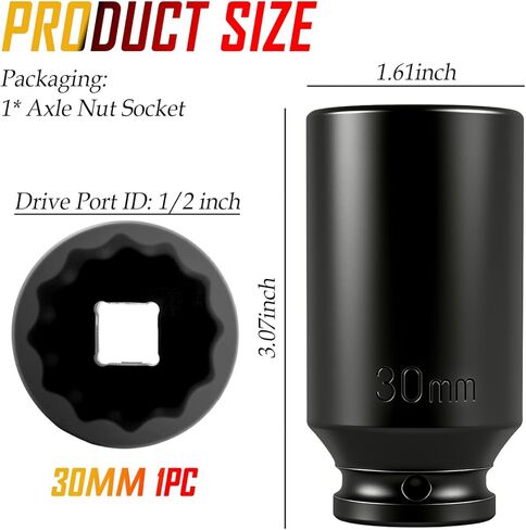 30mm Socket 1/2" Drive,High Torque 30mm 12 Point Axle Nut Socket for Hub/Bearing & Axle Shaft Nut Removal,Heavy-Duty Impact Sockets by 1/2" Impact Wrench Ratchet for Most Vehicles in Saudi Arabia