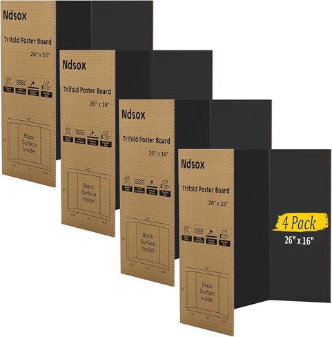 Ndsox 4 عبوات مقاس 26 بوصة × 16 بوصة لوحة ملصقات سوداء ثلاثية الطي متوسطة الحجم من الورق المقوى المموج لوحات عرض العلوم للمشاريع المدرسية، والعروض التقديمية التجارية، وعروض الأحداث، والمعارض الفنية in Saudi Arabia