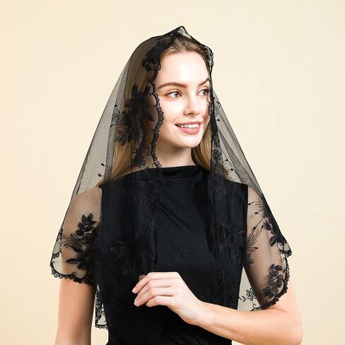 هدايا حجاب كنيسة مانتيلا للنساء، دانتيل مطرز من مانتيلا الكاثوليكية لتغطية الرأس حجاب مصلى الصلاة (أسود) in Kuwait
