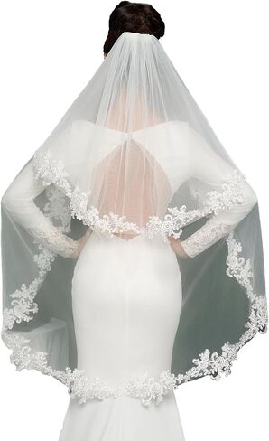 2 Tier Fingertip Length Lace Wedding Bridal Veil with Comb for Bride in Kuwait
