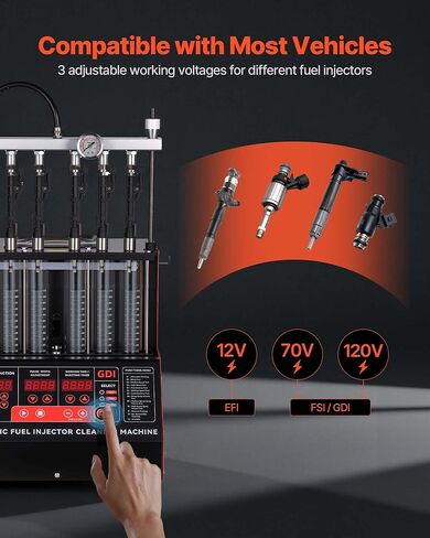 VEVOR Fuel Injector Cleaner Tester, 9 Test Modes, 6-Cylinder 28kHz Ultrasonic Cleaning Machine Adjustable 12V/70V/120V for EFI/FSI/GDI, Injector Cleaner Machine with Drain Valve for Car & Motorcycle in Saudi Arabia