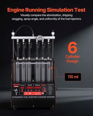 VEVOR Fuel Injector Cleaner Tester, 9 Test Modes, 6-Cylinder 28kHz Ultrasonic Cleaning Machine Adjustable 12V/70V/120V for EFI/FSI/GDI, Injector Cleaner Machine with Drain Valve for Car & Motorcycle in Saudi Arabia
