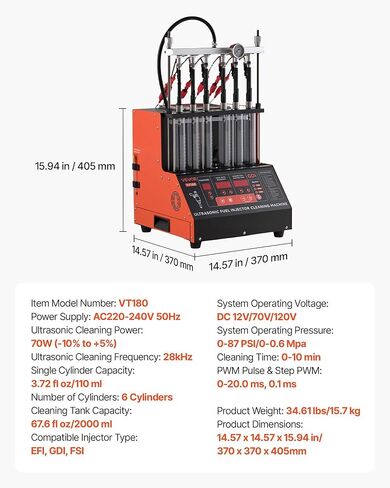 VEVOR Fuel Injector Cleaner Tester, 9 Test Modes, 6-Cylinder 28kHz Ultrasonic Cleaning Machine Adjustable 12V/70V/120V for EFI/FSI/GDI, Injector Cleaner Machine with Drain Valve for Car & Motorcycle in Saudi Arabia