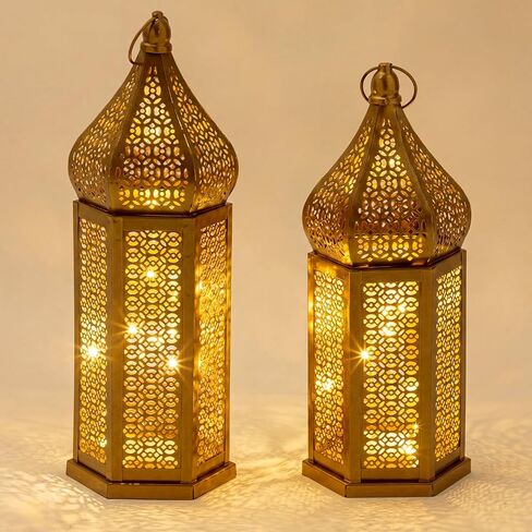 مجموعة من 2 ديكورات رمضان 16 بوصة 14 بوصة LED فانوس معدني ذهبي عتيق فوانيس شمعة مغربية مع أضواء ديكور رمضان للطاولة والجدار والنافذة والفناء والشرفة وديكور المنزل في الأماكن المغلقة والمفتوحة in Kuwait