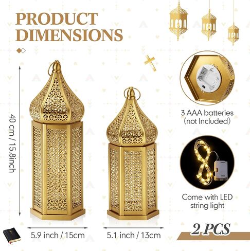 مجموعة من 2 ديكورات رمضان 16 بوصة 14 بوصة LED فانوس معدني ذهبي عتيق فوانيس شمعة مغربية مع أضواء ديكور رمضان للطاولة والجدار والنافذة والفناء والشرفة وديكور المنزل في الأماكن المغلقة والمفتوحة in Kuwait