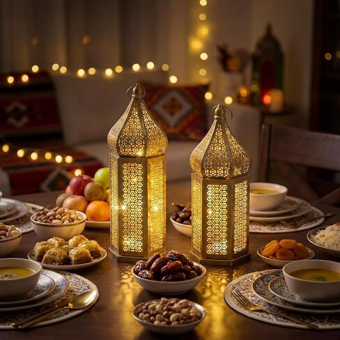 مجموعة من 2 ديكورات رمضان 16 بوصة 14 بوصة LED فانوس معدني ذهبي عتيق فوانيس شمعة مغربية مع أضواء ديكور رمضان للطاولة والجدار والنافذة والفناء والشرفة وديكور المنزل في الأماكن المغلقة والمفتوحة in Kuwait
