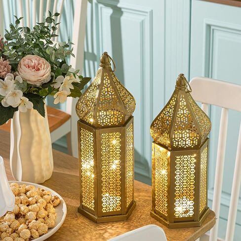 مجموعة من 2 ديكورات رمضان 16 بوصة 14 بوصة LED فانوس معدني ذهبي عتيق فوانيس شمعة مغربية مع أضواء ديكور رمضان للطاولة والجدار والنافذة والفناء والشرفة وديكور المنزل في الأماكن المغلقة والمفتوحة in Kuwait