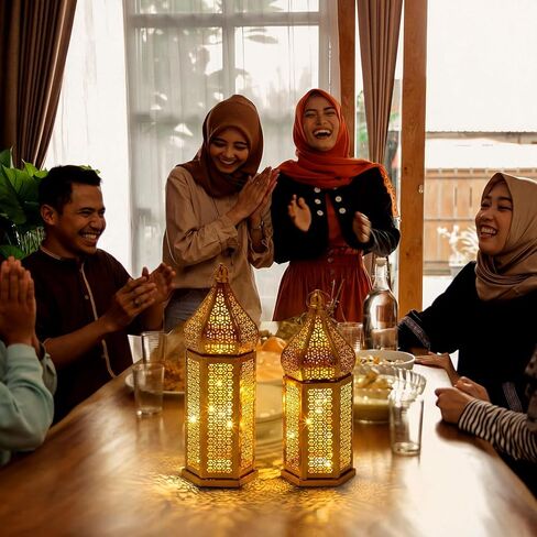 مجموعة من 2 ديكورات رمضان 16 بوصة 14 بوصة LED فانوس معدني ذهبي عتيق فوانيس شمعة مغربية مع أضواء ديكور رمضان للطاولة والجدار والنافذة والفناء والشرفة وديكور المنزل في الأماكن المغلقة والمفتوحة in Kuwait