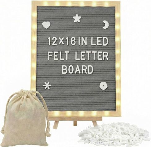 لوحة أحرف من اللباد قابلة للتغيير مقاس 10 × 10 بوصة مع أضواء LED، لوحة أحرف مخصصة من اللباد مع حامل خشبي و340 حرفًا لإعلان الحمل وملصق ديكور الفصل الدراسي (رمادي) in Kuwait