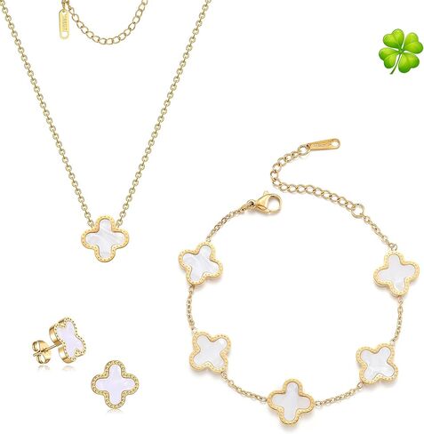 مجموعات Lucky Clover، سوار أربع أوراق البرسيم مطلي بالذهب عيار 18 قيراط، قلادة قلادة، أقراط للنساء مجموعة أساور على شكل زهرة، هدايا مجوهرات للنساء in Kuwait