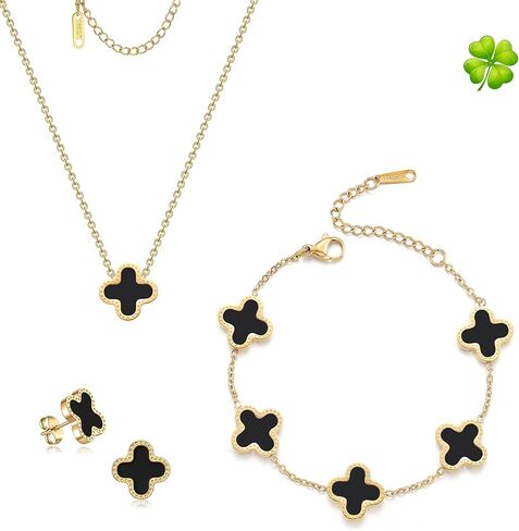 Lucky Clover Sets, 18K Gold Plated Four Leaf Clover Bracelet, Necklace Pendant, Earrings for Women Flower Link Bracelets Set Jewelry Gifts for Women in Saudi Arabia