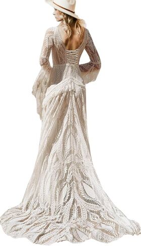 Women Beach Lace Wedding Dress V Neck Long Bell Sleeves Boho Tasseled Formal Bridal Gowns for Bride in Saudi Arabia