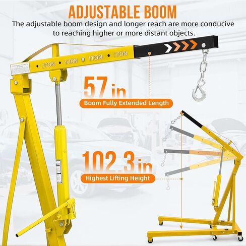  2 Ton Folding Engine Hoist Hydraulic Shop Crane, 4400 Lb Capacity Cherry Picker with Telescoping Boom & 6 Caster Wheels - Includes Storage Stand for Garage Auto Repair, Yellow in Saudi Arabia
