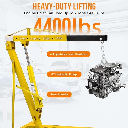  2 Ton Folding Engine Hoist Hydraulic Shop Crane, 4400 Lb Capacity Cherry Picker with Telescoping Boom & 6 Caster Wheels - Includes Storage Stand for Garage Auto Repair, Yellow in Saudi Arabia