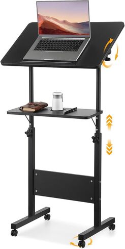حامل منصة قابل للتعديل، منصة دوارة بعجلات، عربة كمبيوتر محمول بطاولة دوارة مع ارتفاع، صينية تخزين، حامل أكواب للمنزل والمكتب - أسود 42.3-50 بوصة (أبيض، 42.3-50 بوصة) in Kuwait