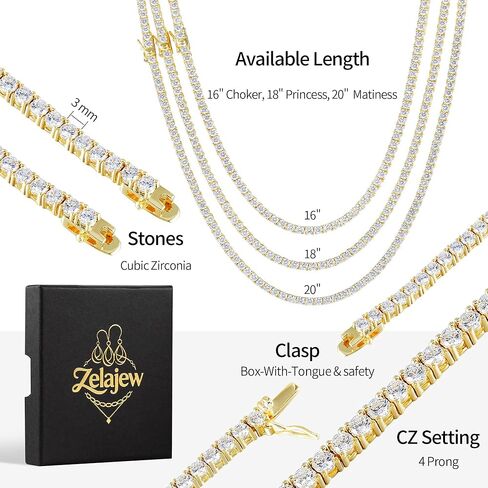 Tennis Necklace for Women, 14K Gold Plated 3mm Simulated Diamond Classic Tennis Chain Necklace with 4 Prong Cubic Zirconia in Saudi Arabia