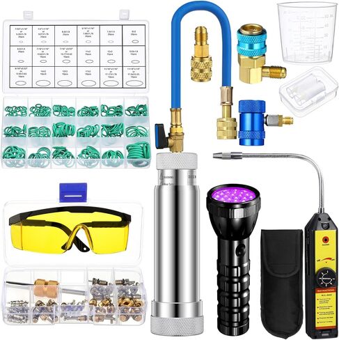 AC Leak Detector Kit R1234yf R134a R410a AC Oil UV Dye Injector Kit Refrigerant Leak Detector Tool Low Side Quick Coupler Mini Split Adapter Flashlight with Protective Glasses in Saudi Arabia