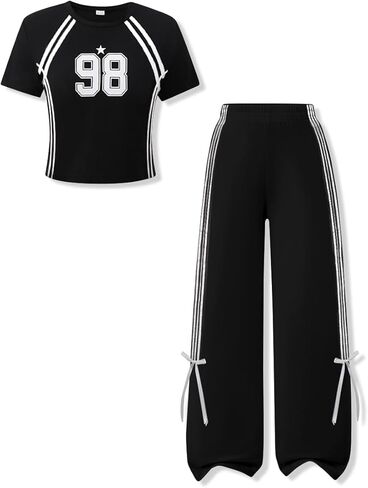 حجم 7-14 سنة توين الفتيات 2 قطعة ملابس الطباعة الرقمية مخطط الأعلى والسراويل واسعة الساق مجموعة ملابس الصيف Y2K in Kuwait