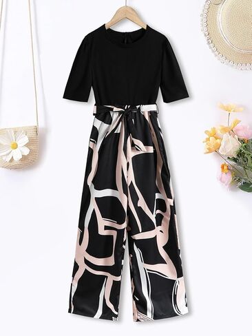 Girls Jumpsuits Short Sleeve Casual Wide Leg Romper Pants Fashion Girl's Jumpsuit Clothes for 7-14Y in Saudi Arabia