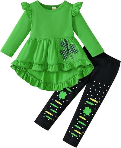 Little Girl St Patricks Day Outfit Shamrock Shirt Dress Top+Four-leaf Clover Pants 3-8 Years in Saudi Arabia